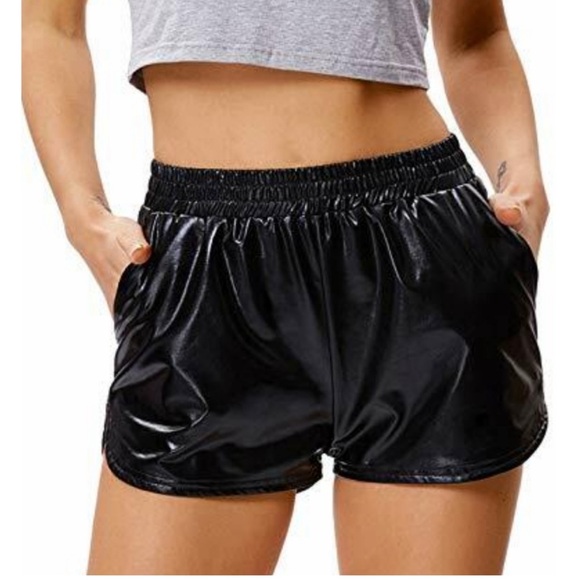 Kate Kasin Metallic Shiny Black Shorts - Picture 2 of 7